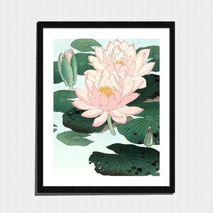 Art Print, Japanese Lotus Water Lily Pad Botanical Painting